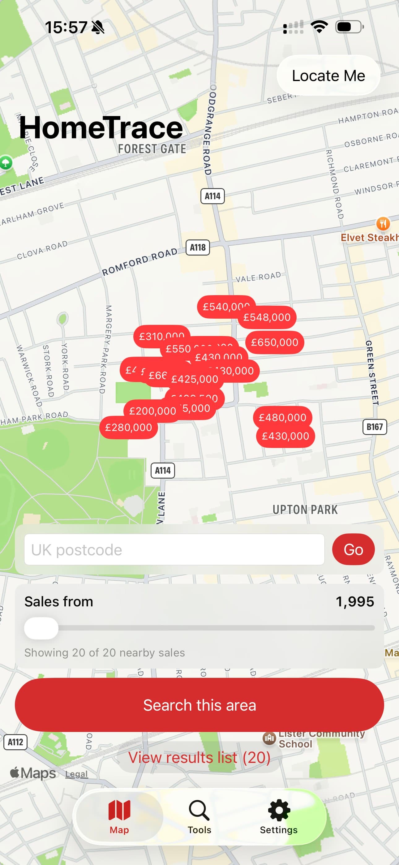 HomeTrace home screen showing nearby property sales on a map