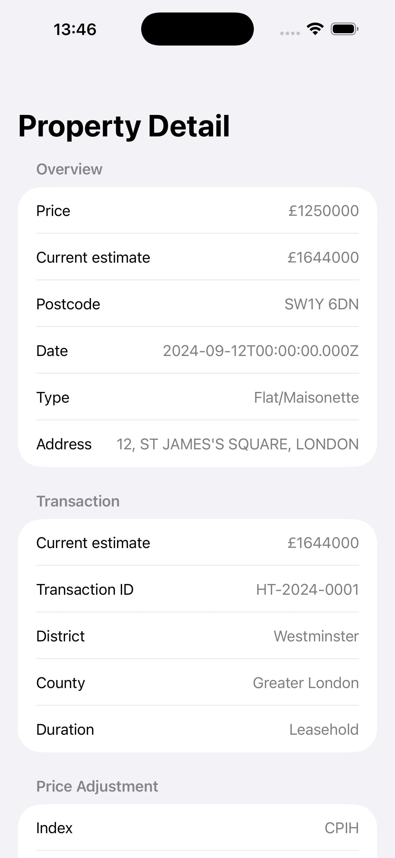 HomeTrace property detail screen showing transaction information