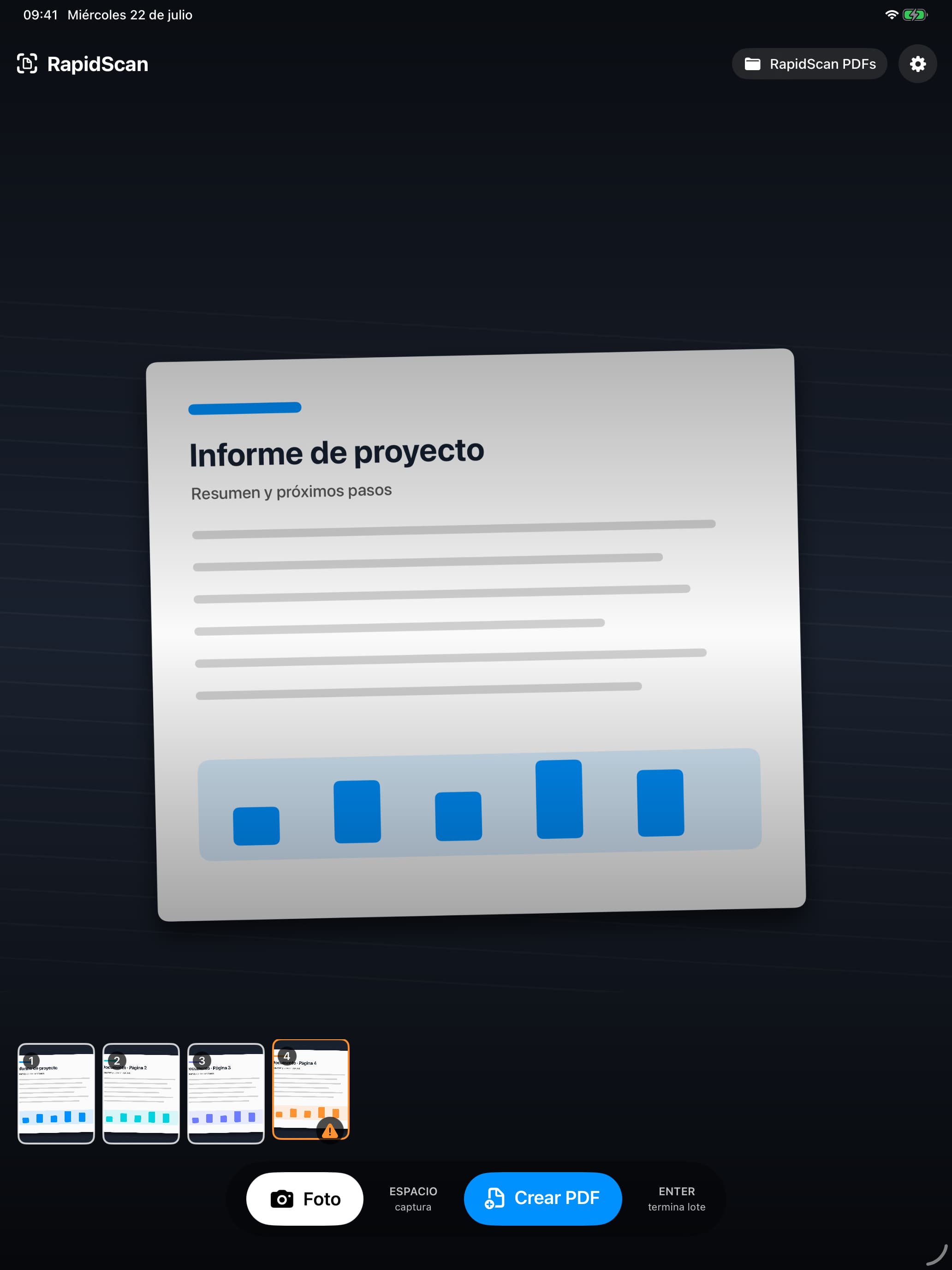 RapidScan PDF creation screen with a document preview