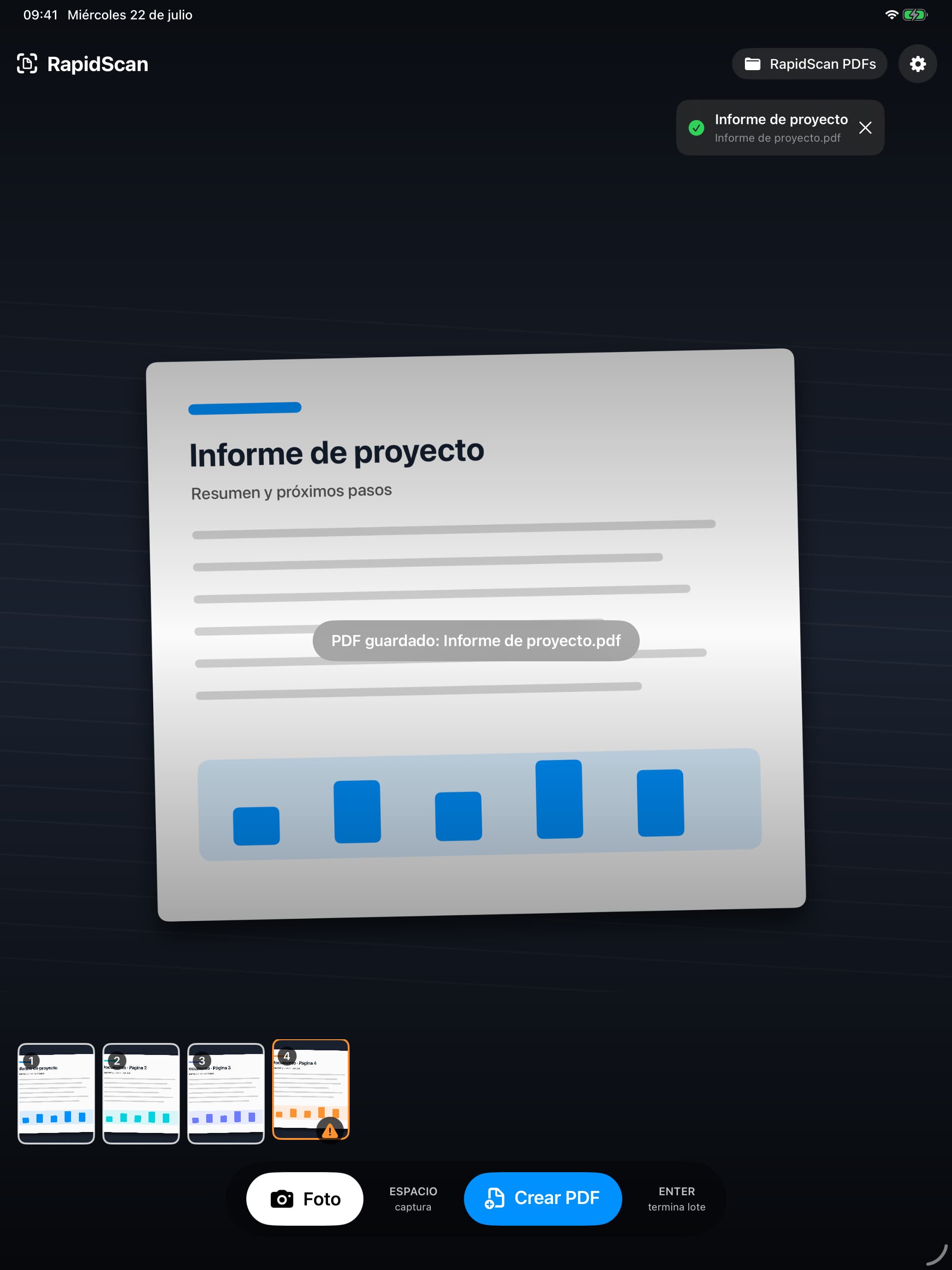 RapidScan screen confirming a saved PDF document